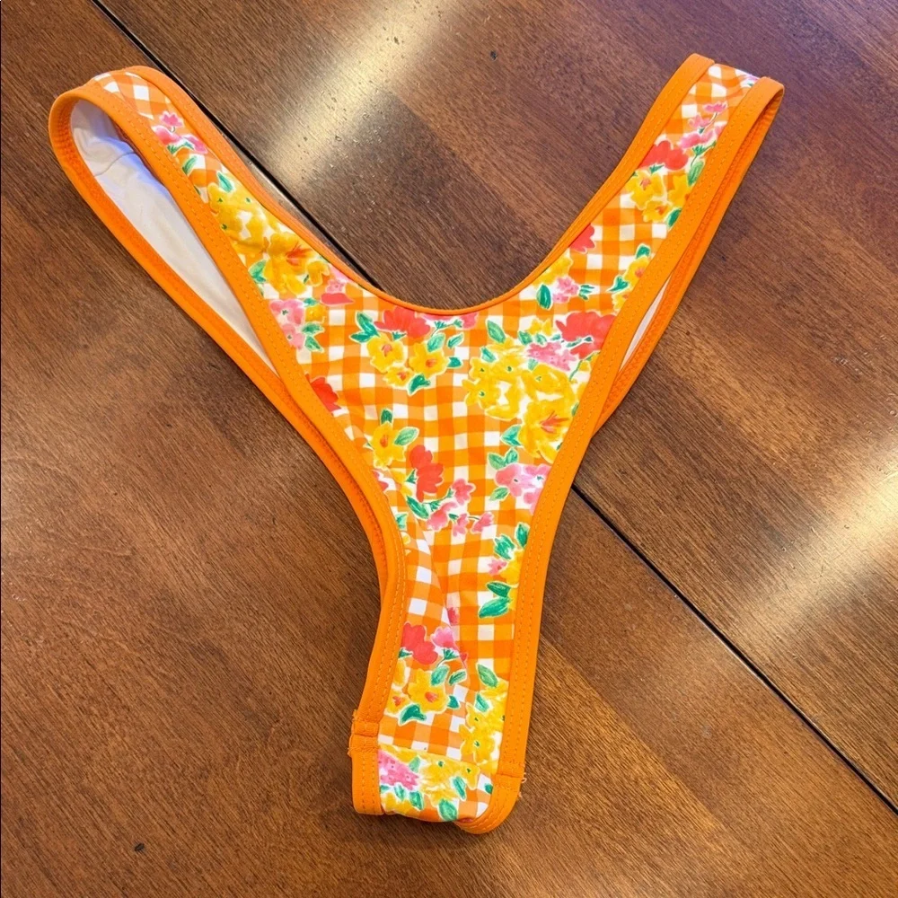 Frankies Bikini Full Moon Micro Bikini Bottom in marigold gingham print. Size XS - Picture 2 of 4